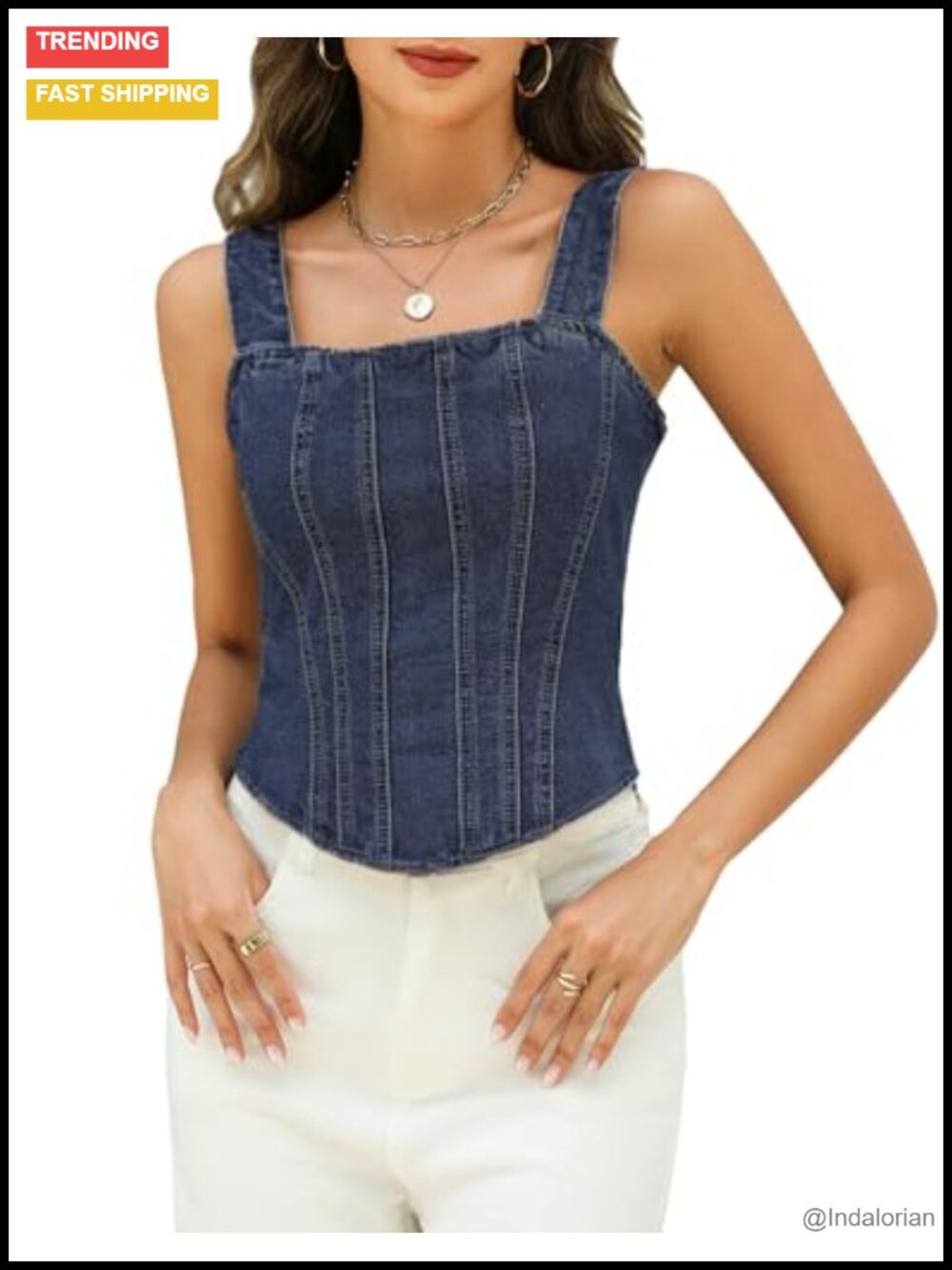 Denim Corset Top Square Neck Sleeveless Back Tie Cropped Jean Tank